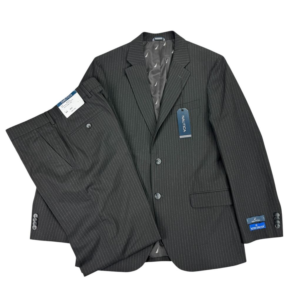 Nautica Mens 2-Piece Modern Fit Active Stretch Pinstripe Suit Black 38R 32W